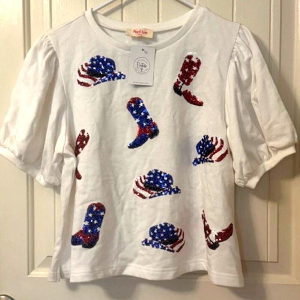 NWT Peach Love Sequin Boot Scootin 4th Of July USA Puff Sleeve Top M